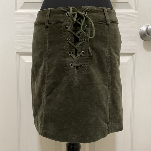 Forever 21 Lace Up Corduroy Mini Skirt Olive Green Velvety Soft Grunge Sz Small - Picture 3 of 9